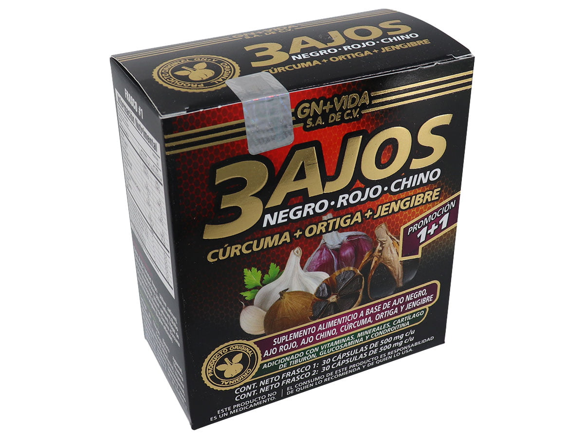 3 Ajos caja con 30 Caps, viene con Ajo Negro, Ajo Rojo y Ajo Chino