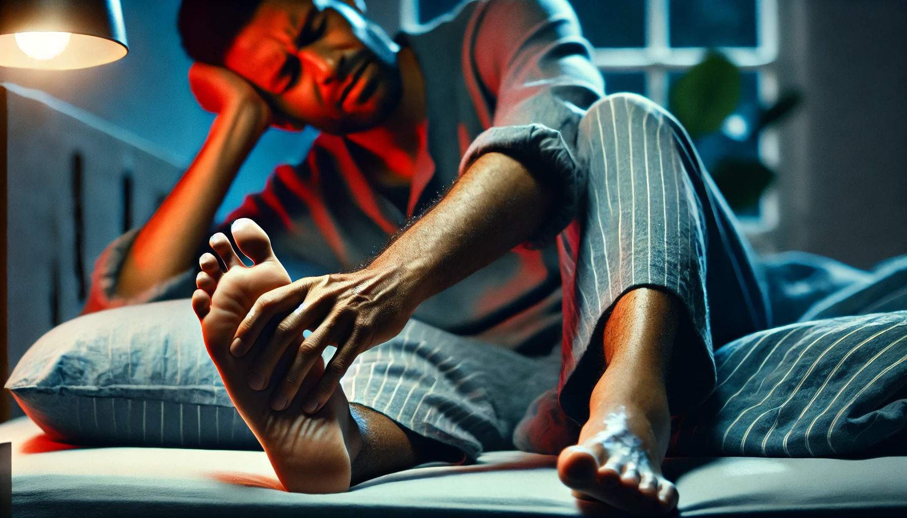 Una persona recostada con calambres en los pies por la noche