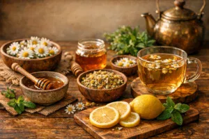 beneficios del té de manzanilla con miel y limón